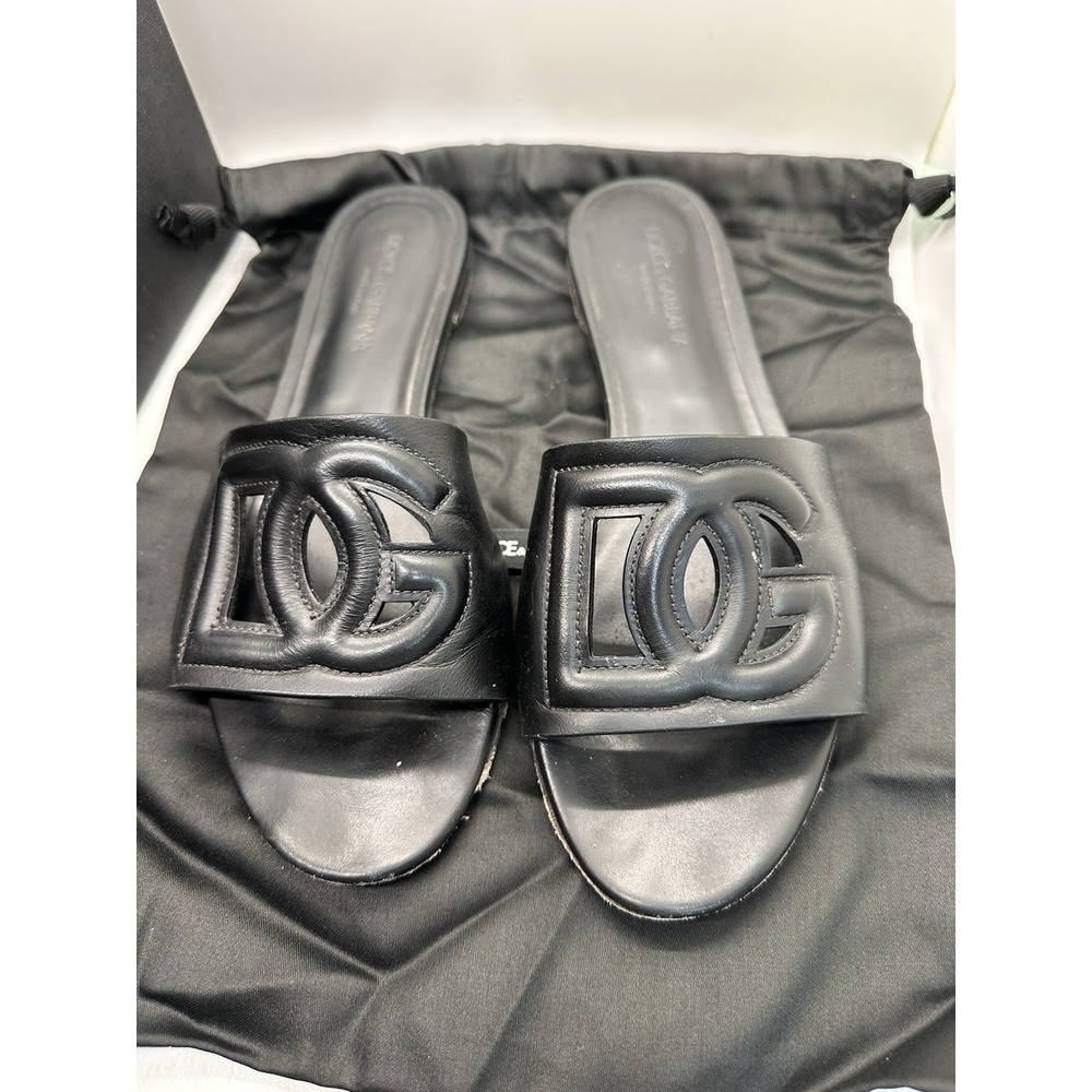 Dolce & Gabbana Bianca DG Logo Slide Sandals Black Leather 38.5 US 8-8.5